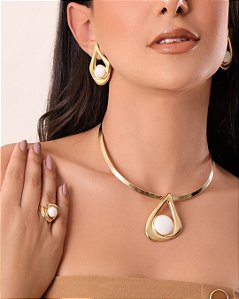 CJ 4PÇ CHOKER ARO LARG+ 1 PING +BRINC PEDRA NATURA