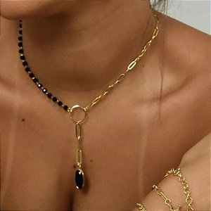 Colar - CHOKER GARGANTILHA MISTO COM PARTE EM ELOS LONGOS E PARTE EM BOLINHAS DE PEDRA ONIX COM PINGENTE LONGO EM ELOS E PEDRA OVAL ONIX 40+5CM 18K