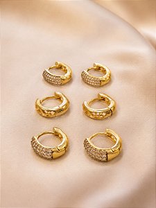 BRINCO ARGOLA TRIO GOTA CRAVEJADA ZIRCONIA