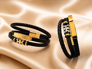 PULSEIRA MASCULINA COURO C DETALHES DOURADOS