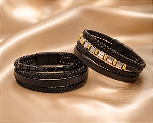 PULSEIRA MASCULINA COURO PRETA 4 CORDOES 2 TRANSS