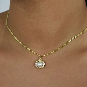 Conjunto - COLAR GARGANTILHA 2 PEÇAS CARTIER 45CM E PINGENTE E PINGENTE COM DETALHES EM ZIRCONIAS E PEROLA CENTRAL DE 6mm 18K
