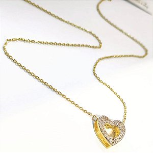Conjunto - CONJ 2PÇ GARG CADEADINHO 45CM E PING CORAÇÃO DUPLO COM PASSA FIO CRAVEJADO DE ZIRCONIAS 18K