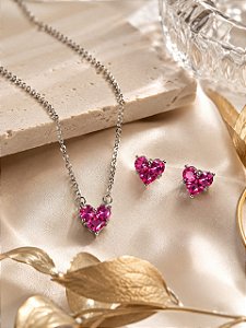 CONJ GARG CADEADO E PING CORAÇÃO PINK + BRINCOS EM