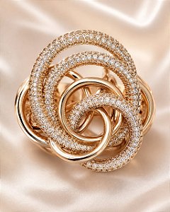 Anel luxo círculos cravejados em zircônia ouro ros