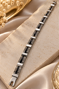 BRACELETE MASCULINO XADREZ AÇO E DETALHE CENTRAL E