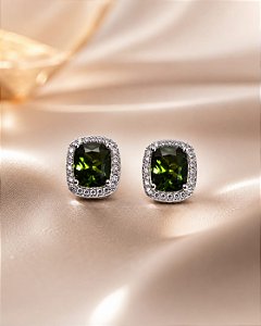 BRINCO LUXO PRATA RETANG COM ZIRC VERDE CÍTRICO E