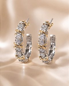 BRINCO MEIA ARGOLA COM CRAV EM ZIRCONIA E X DOURAD