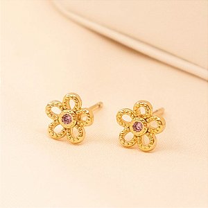 Brinco - BRINCO MINI FLOR PONTO LUZ CRISTAL- ZIRCONIA ROSA