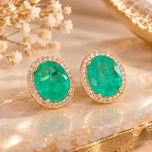 Brinco - BRINCO OVAL PEDRA VERDE COM BORDES EM ZIRCÔNIA