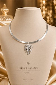 CHOKER ARO LARGO PRATA COM PING FOLHA DE ADÃO