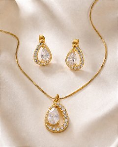 Conjunto - CJ 4 PÇ GARG E BRINCO E PINGENTE GOTA ZIRCONIA