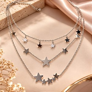 COLAR ELO CADEADO TRIPLO COM ESTRELAS