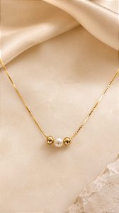 Conjunto - COLAR GARG VENEZ 45CM COM PING TRIOS DE ESFERAS 2 DOURADAS E UMA PÉROLA 4mm - 18K
