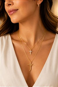 COLAR VENEZ FÉ CRUCIF ZIRC CRISTAL E ONIX 60 CM
