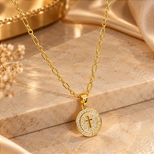 Conjunto - CONJ 2 PÇ CORRENTE ELO 3X1COM 50CM +PING MEDALHINHA COM CRUZ CRAV ZIRC