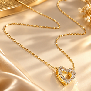 Conjunto - CONJ 2PÇ GARG CADEADINHO 45CM E PING CORAÇÃO DUPLO COM PASSA FIO CRAVEJADO DE ZIRCONIAS 18K