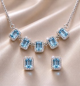 Conjunto - CONJ 3PÇ GARG C 5 PING FIXO PEDRAS RETANG E MICRO ZIRC + BRINCO ZIRC -AZUL CÉU