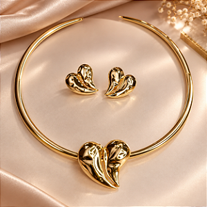 CONJ CHOKER ARO C PING CORAÇÃO ORGANICO E BRINCOS