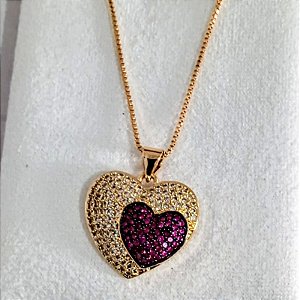 Conjunto - CONJUNTO 2PÇ GARGANTILHA FIO VENEZIANA 45+5CM EXTENSOR E PINGENTE CORAÇÃO CRAVEJADO DE ZIRCONIAS DUAS CORES 18K