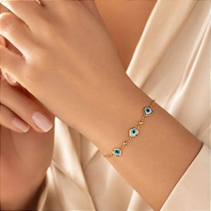 PULSEIRA ELO PORTUGUES COM 3 CORAÇÕES OLHO GREGO