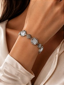 PULSEIRA BRACELETE LOSANGOS E PEDRA OLHO DE GATO
