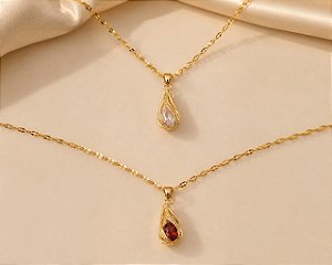 CONJ GARGANTILHA C/PING RUBY/ CRISTAL AÇO DOURADO