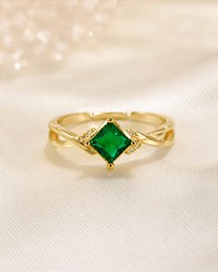 ANEL ARO LISO E PONTO QUADRADO ZIRCONIA VERDE