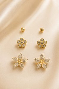 Brinco - BRINCO TRIO FLOR 5 PETALAS E PONTO ESFERA CRAVE E RODIO