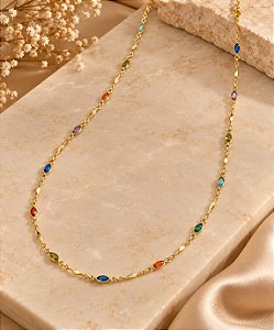 COLAR 65CM ZIRCONIA FOLHAS COLORIDAS