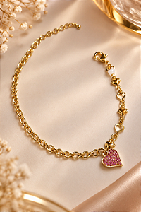 PULSEIRA ELO PORTUGUES E CORAÇÃO CRAV PINK