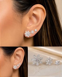 BRINCO TRIO FLOR 7 PETALAS CRAVEJ COM ZIRC E PONTO