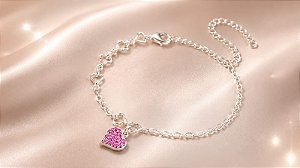 Pulseira - PULSEIRA MISTA ELO PORT E BERLOQUE CORAÇÃO CRAVEJ ZIRC PINK