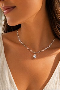 CHOKER ELO FOLHA COM PING FIXO ZIRC CORAÇÃO