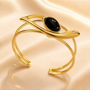 BRACELETE ARO DUPLO PEDRA NATURAL AGATA PRETA COLE