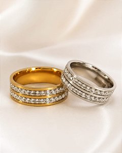 ALIANÇA 2 LINHAS CRISTAIS AÇO / AÇO DOURADO