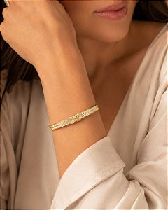 BRACELETE DUAS LINHAS CRAVEJADAS C/ DETALHE EM X C