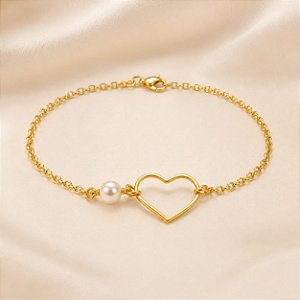 PULSEIRA ELO PORTUGUÊS C/ CORAÇÃO VAZADO E PEROLA