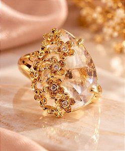 ANEL GOTA CRISTAL C/ FLORES CRAVEJADAS SOBREPOSTAS