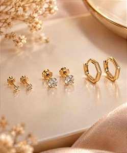 BRINCO TRIO ARGOLA SEXTAVADA E PONTOS LUZ ZIRCONIA
