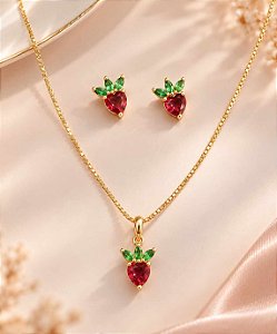 CONJUNTO COLAR E BRINCOS MORANGUINHO ZIRCONIA COLO