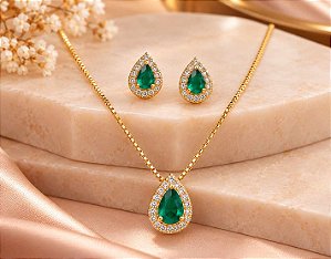 CONJUNTO COLAR E BRINCOS GOTA ZIRCONIA VERDE C/ BO
