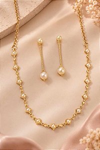 CONJUNTO CHOKER PEROLA ELOS INFINITO E BRINCOS PEN
