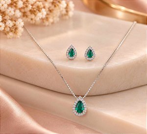 CONJUNTO COLAR E BRINCOS GOTA ZIRCONIA VERDE CRAVE