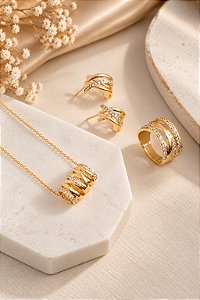 CONJUNTO COLAR E BRINCOS ROLETE LISO E LINHA CRAVE