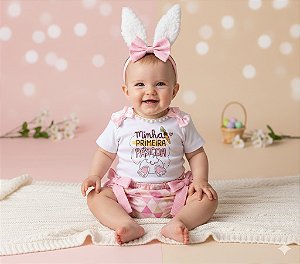 Kit Minha Primeira Páscoa Bebê 100% Algodão Body + Tapa Fralda com pompom + tiara - Fantasia Coelho Menina