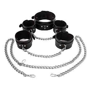Kit Restritor DOM com Coleira, Algemas e Tornozeleiras + Corrente