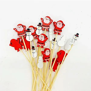 Palito Bambu p/Petiscos 12cm Ecológico Natal Papai Noel e Boneco de Neve c/20 un