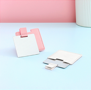 ESPELHO QUADRADO DE AÇO INOXIDAVEL ESCOVADO COM ALÇA DE COURO SINTÉTICO