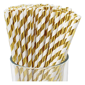 Canudo de Papel Listrado Metalico 19,5cm com 20 unidades - Dourado